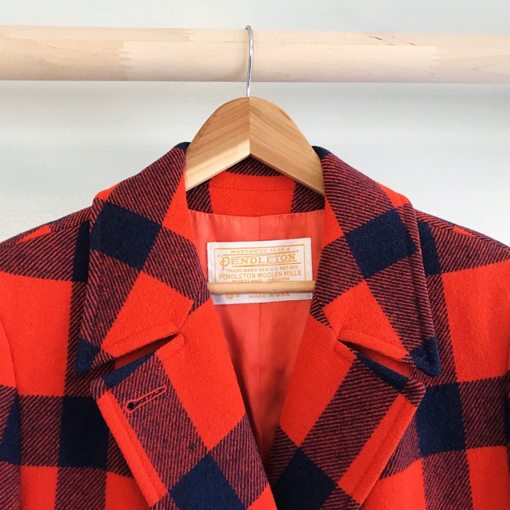 Pendleton Vtg Red & Navy Plaid Wool Coat Sz 8 M